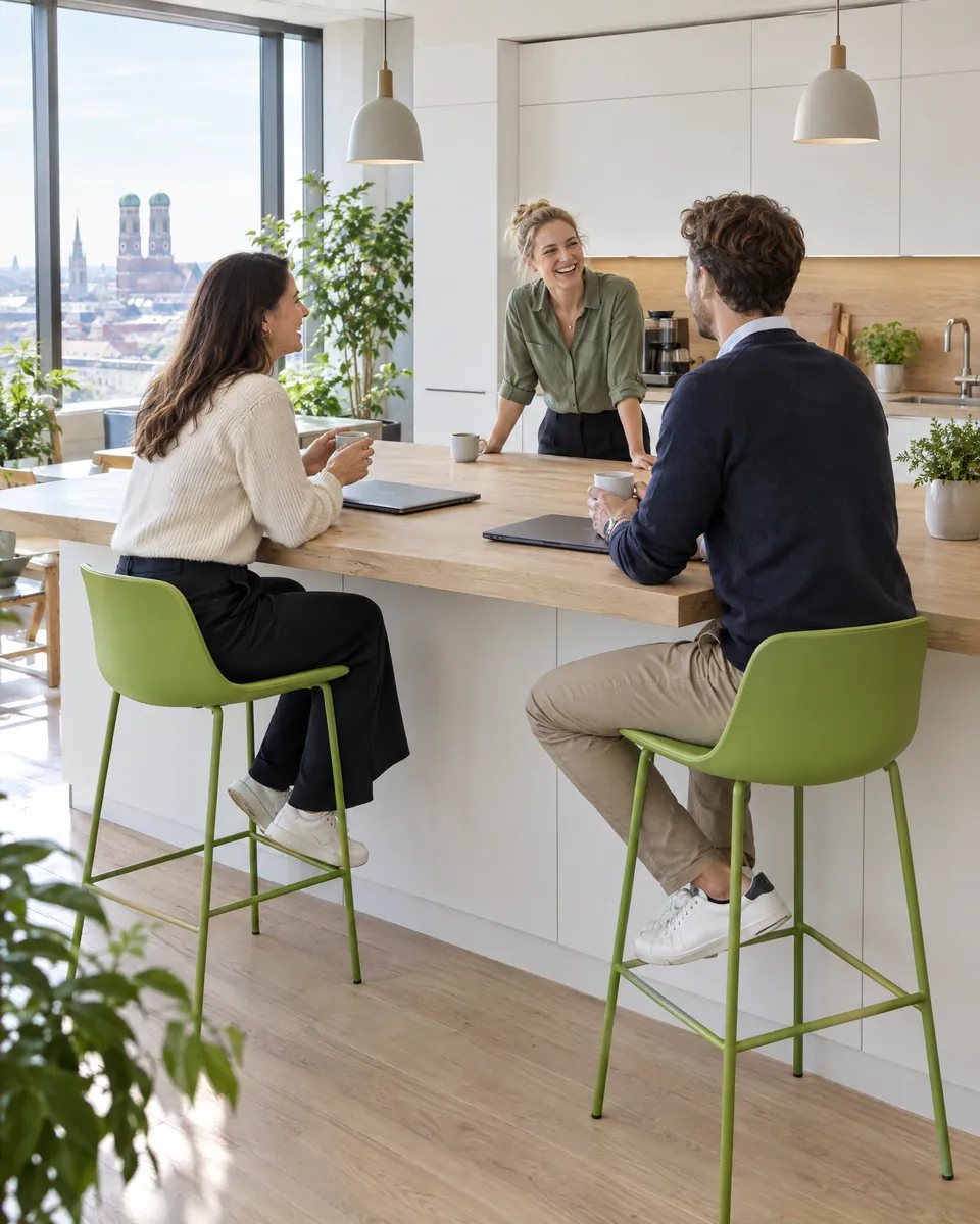 Team beim Kaffee in einer modernen Büroküche mit grünen Barhockern
