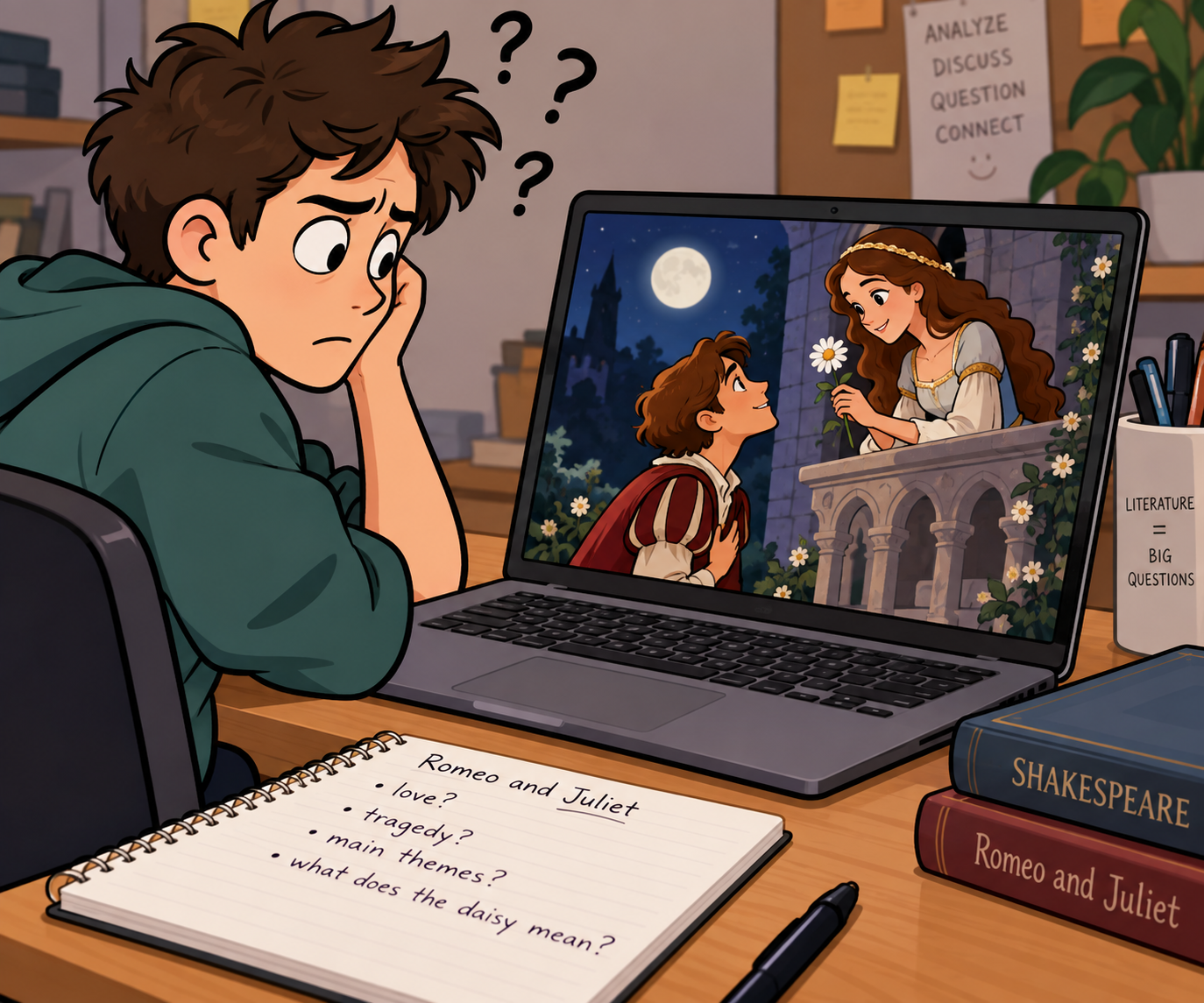 confused teen at laptop