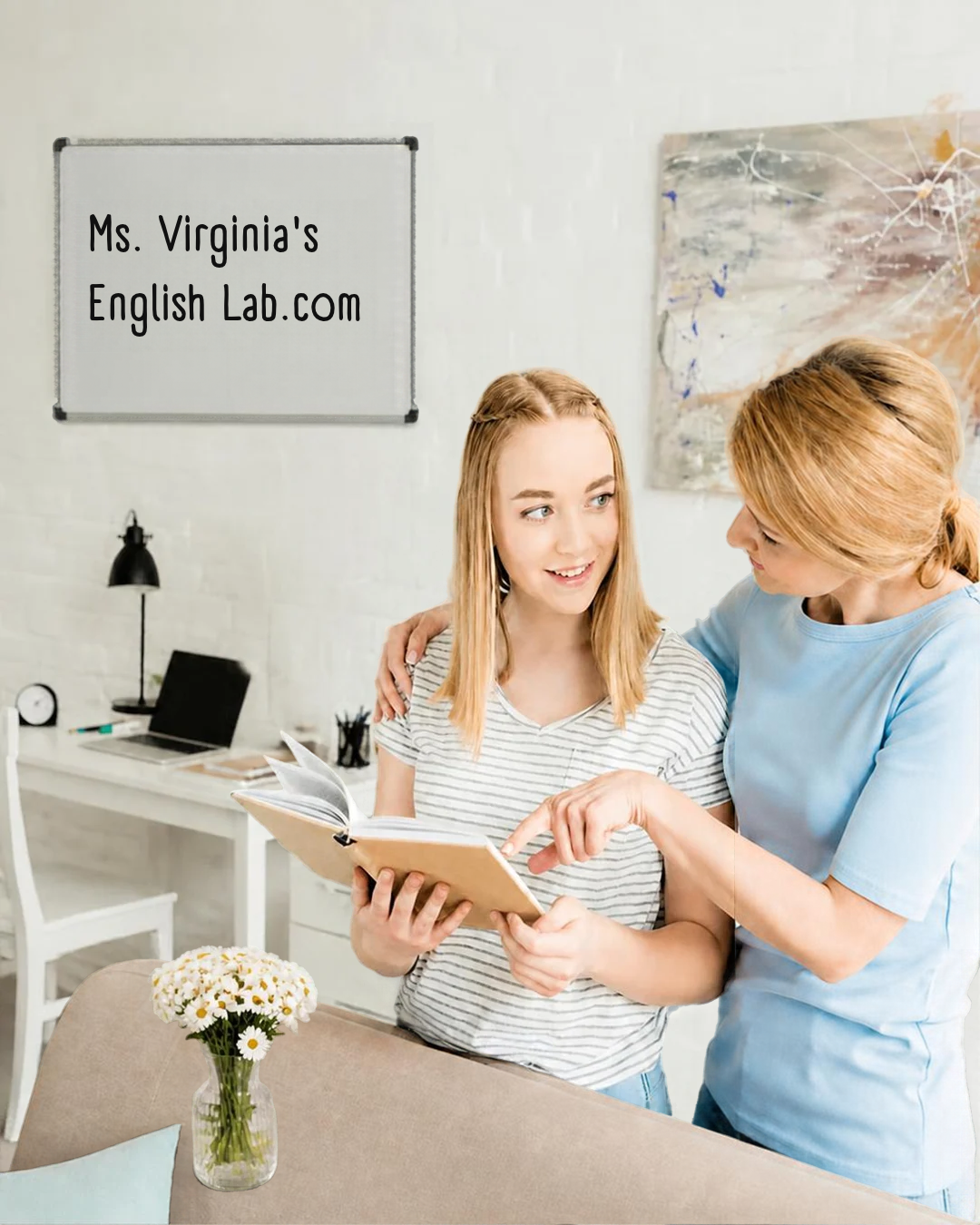 Teen student holding an open book while talking with an adult beside her. Teen student holding an open book while talking with an adult beside her.