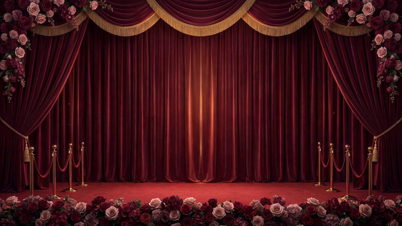 The Gala Night stage: velvet curtains, a crystal chandelier, candelabras and roses