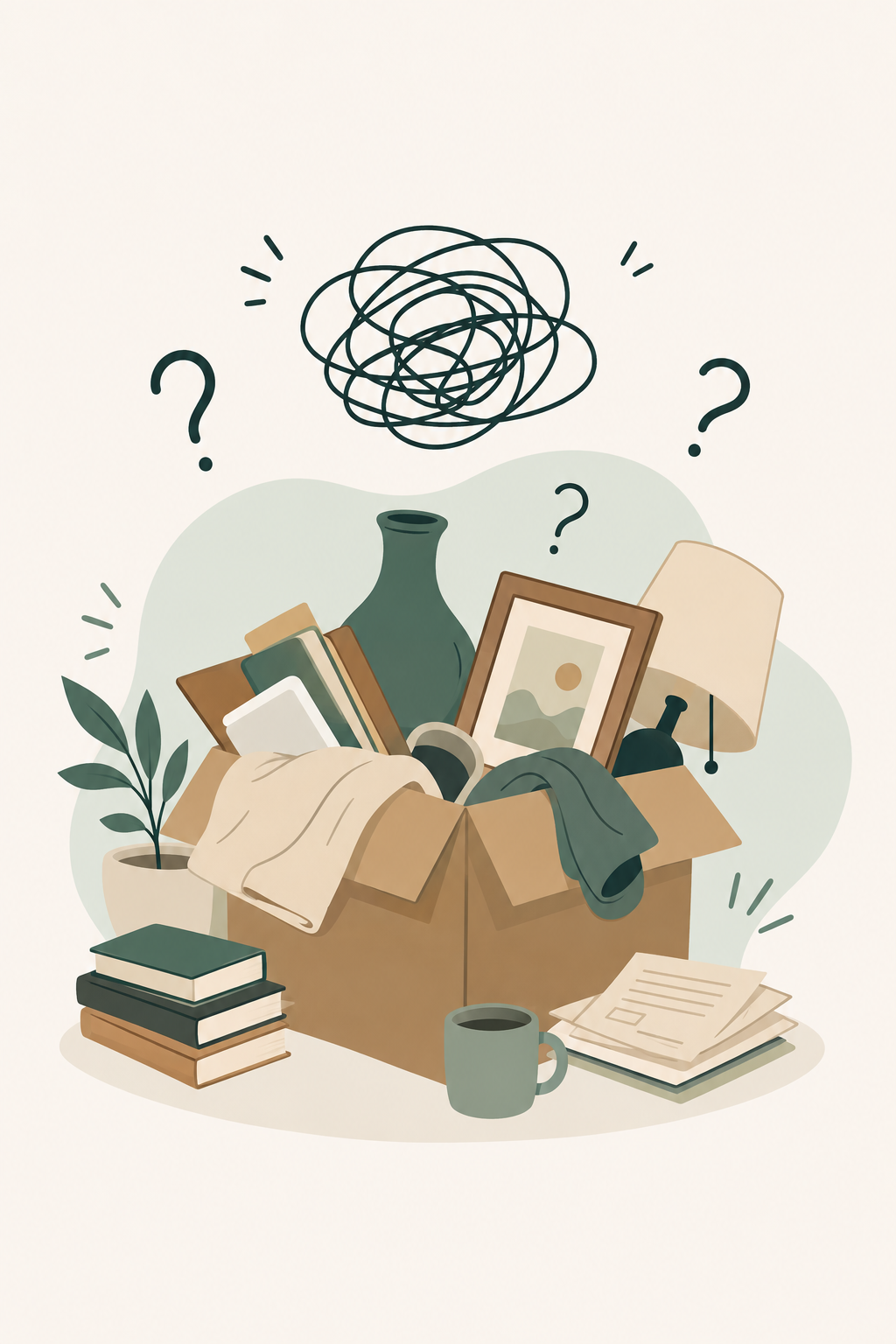 Confused person surrounded by cluttered belongings, unsure what to do with them
