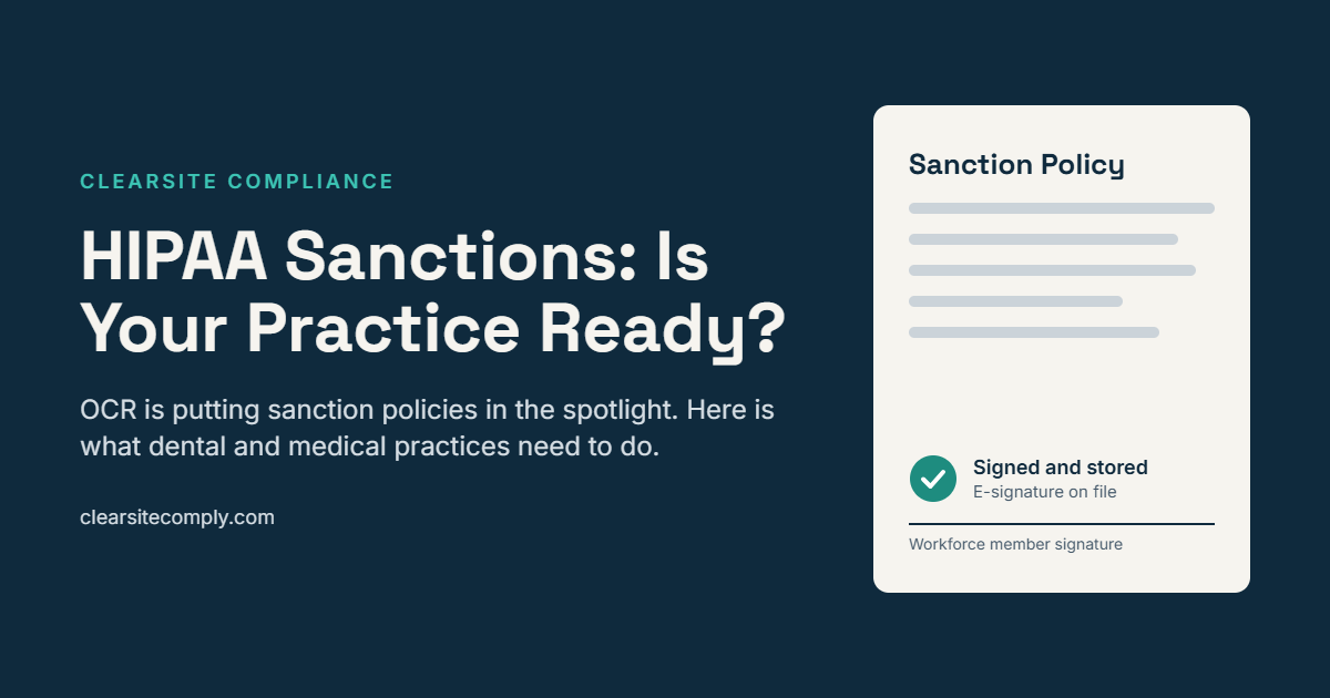 HIPAA sanction policy graphic showing a signed policy document for dental and medical practice compliance