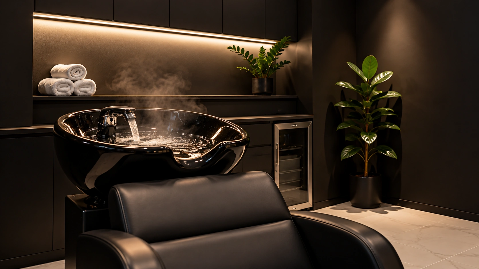 Warm water and steam at the black shampoo bowl.