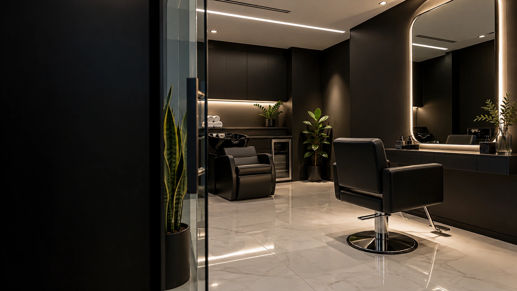 Entrance to a private black and white salon suite.
