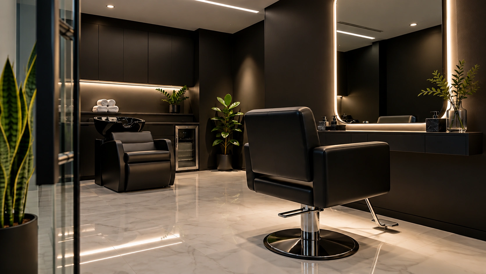 A premium black styling chair ready for an appointment.