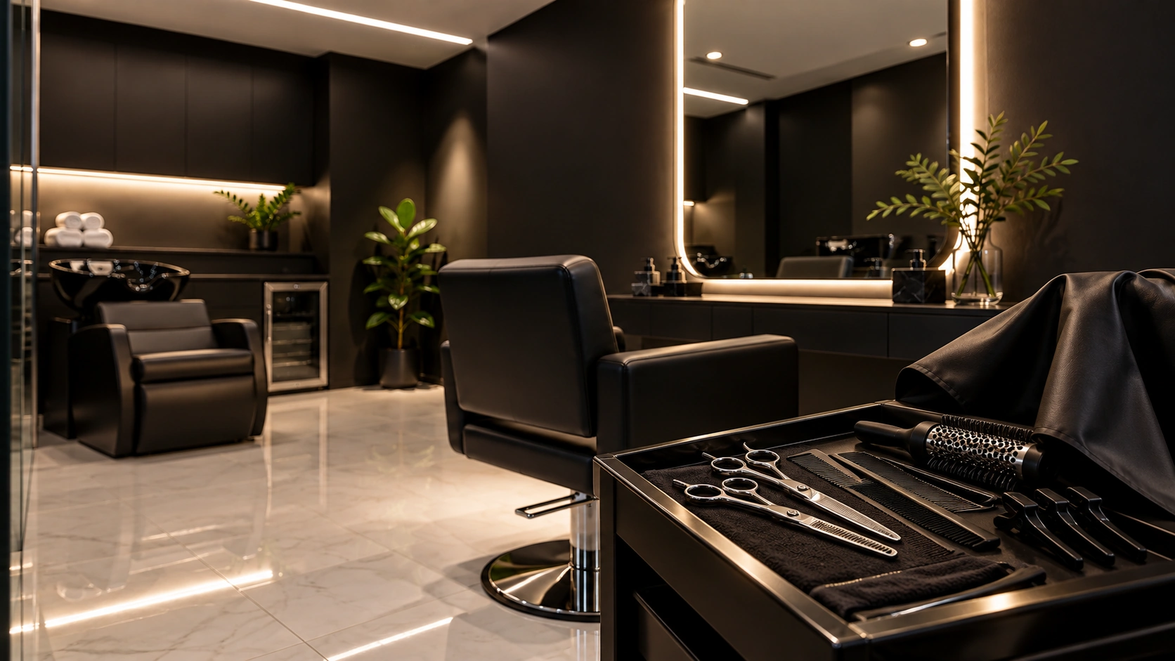 Professional scissors, combs, clips, and a black salon cape.