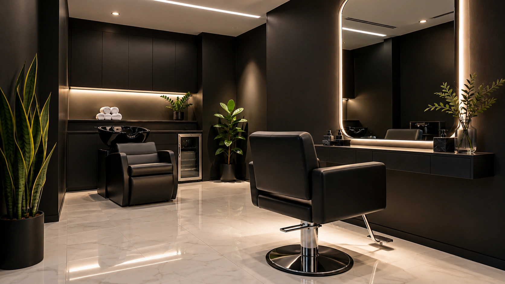 Styling chair and illuminated mirror inside the suite.