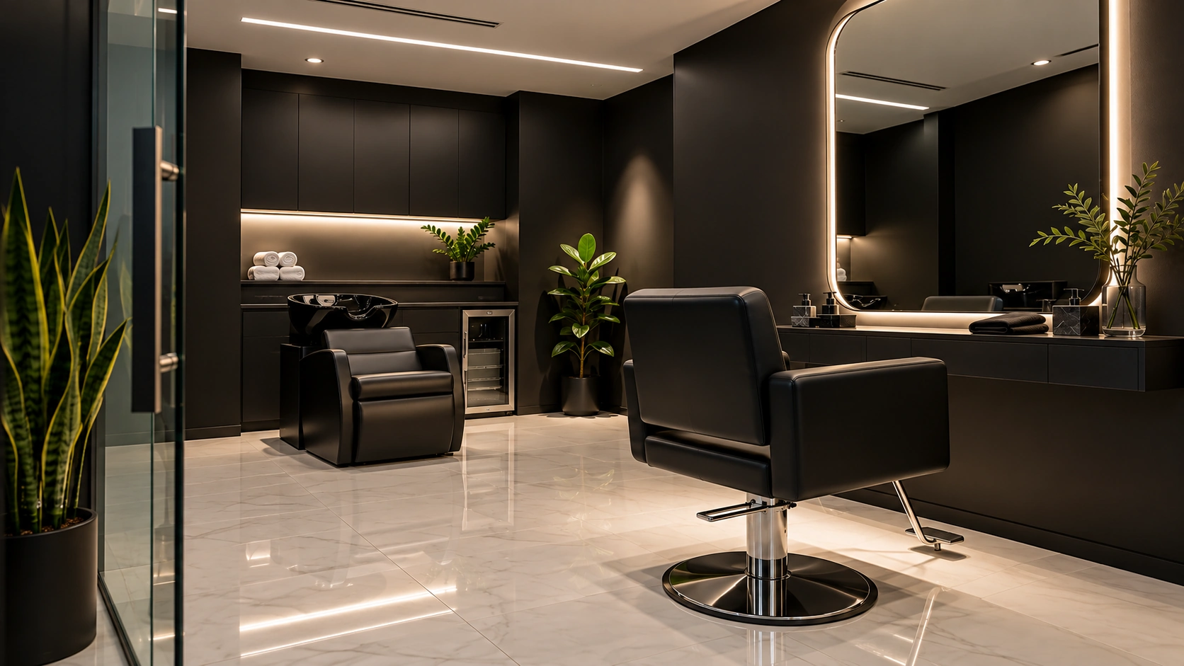 The reset suite with a ready chair and cape resting on the counter.