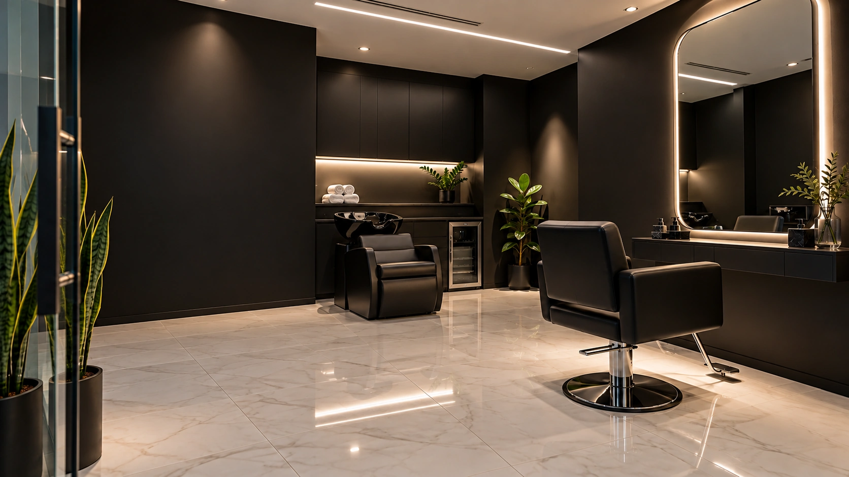 A wide final view of the private salon suite.