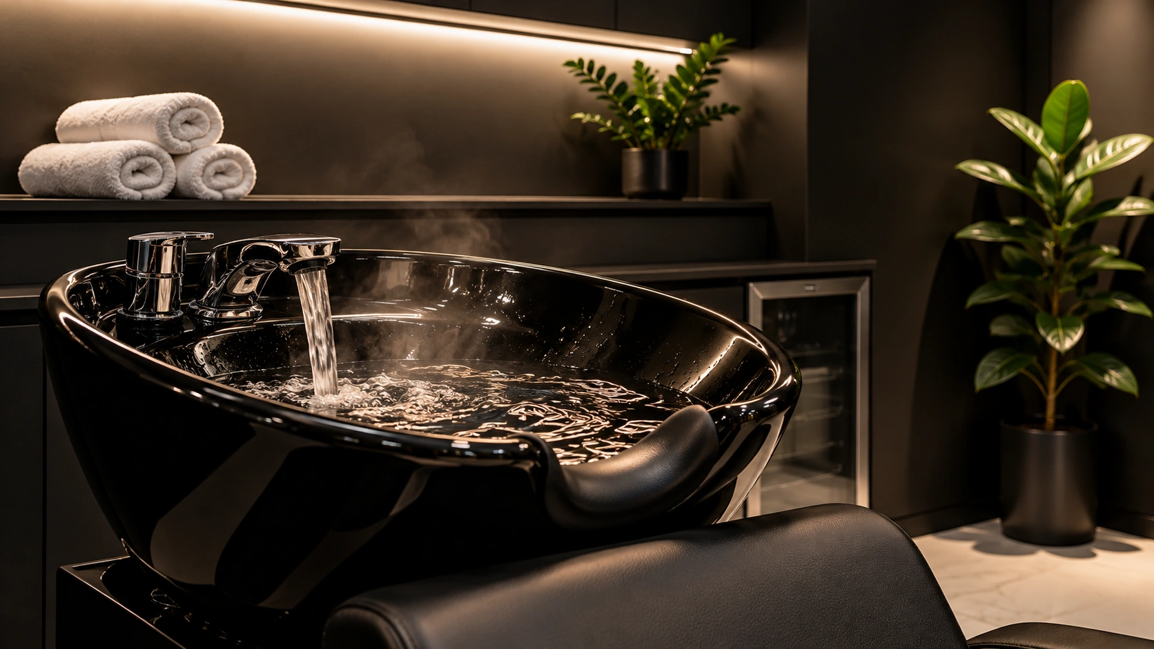Water ripples, soft steam, and fresh towels.