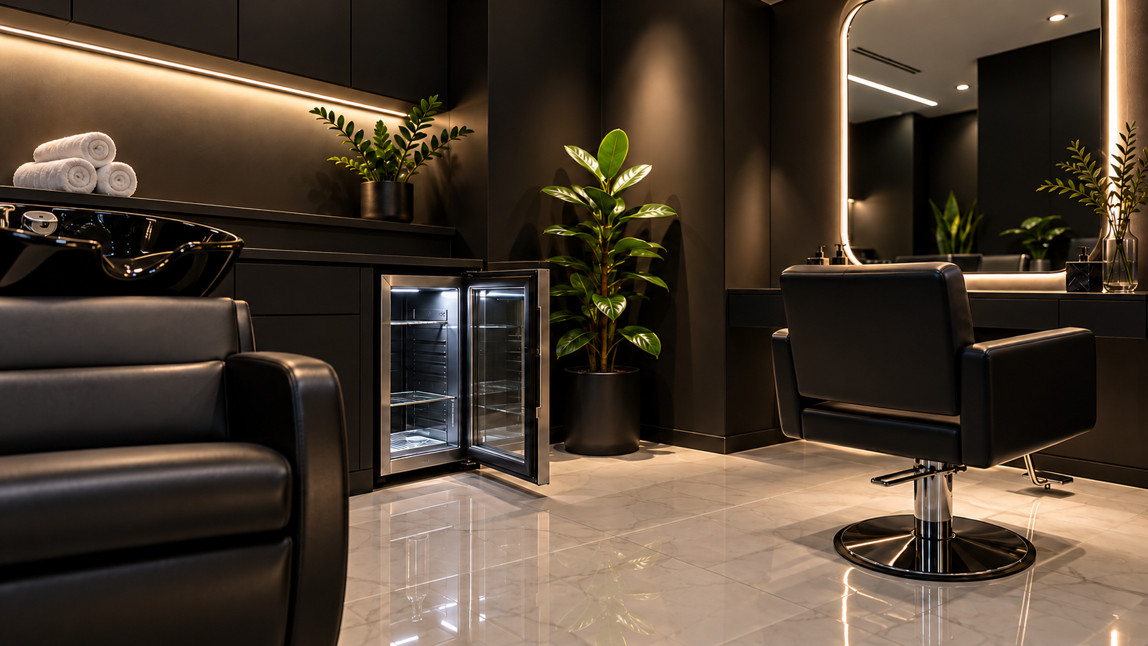 The open mini fridge inside the private salon suite.