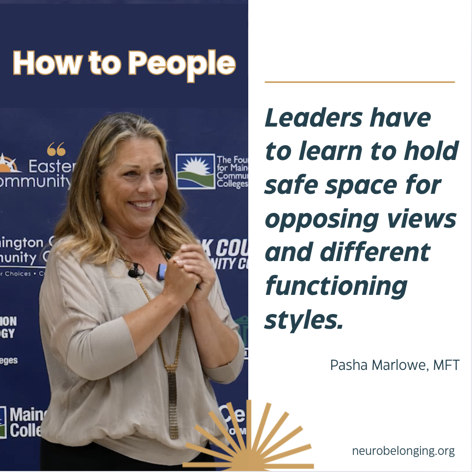  A photo of Pasha presenting a keynote and the quote "Leaders have to learn to hold safe space for opposing views and different functioning styles".