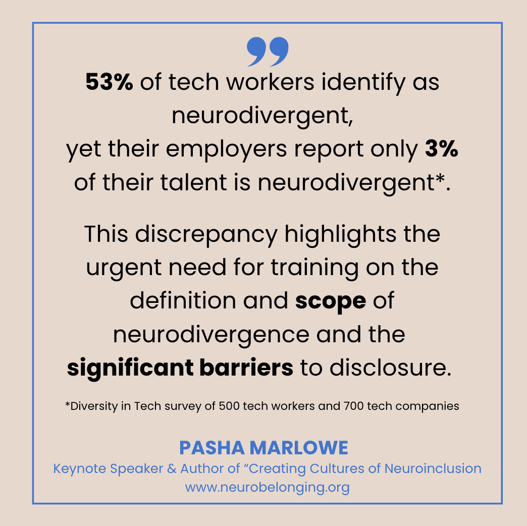 "53% of tech workers identify as neurodiverent, yet their employers report only 3% of their talent is neurodivergent. This discrepancy highlights the urgent need for training on the definition and scope of neurodivergence and the significant barriers to disclose." Quote by Pashaa