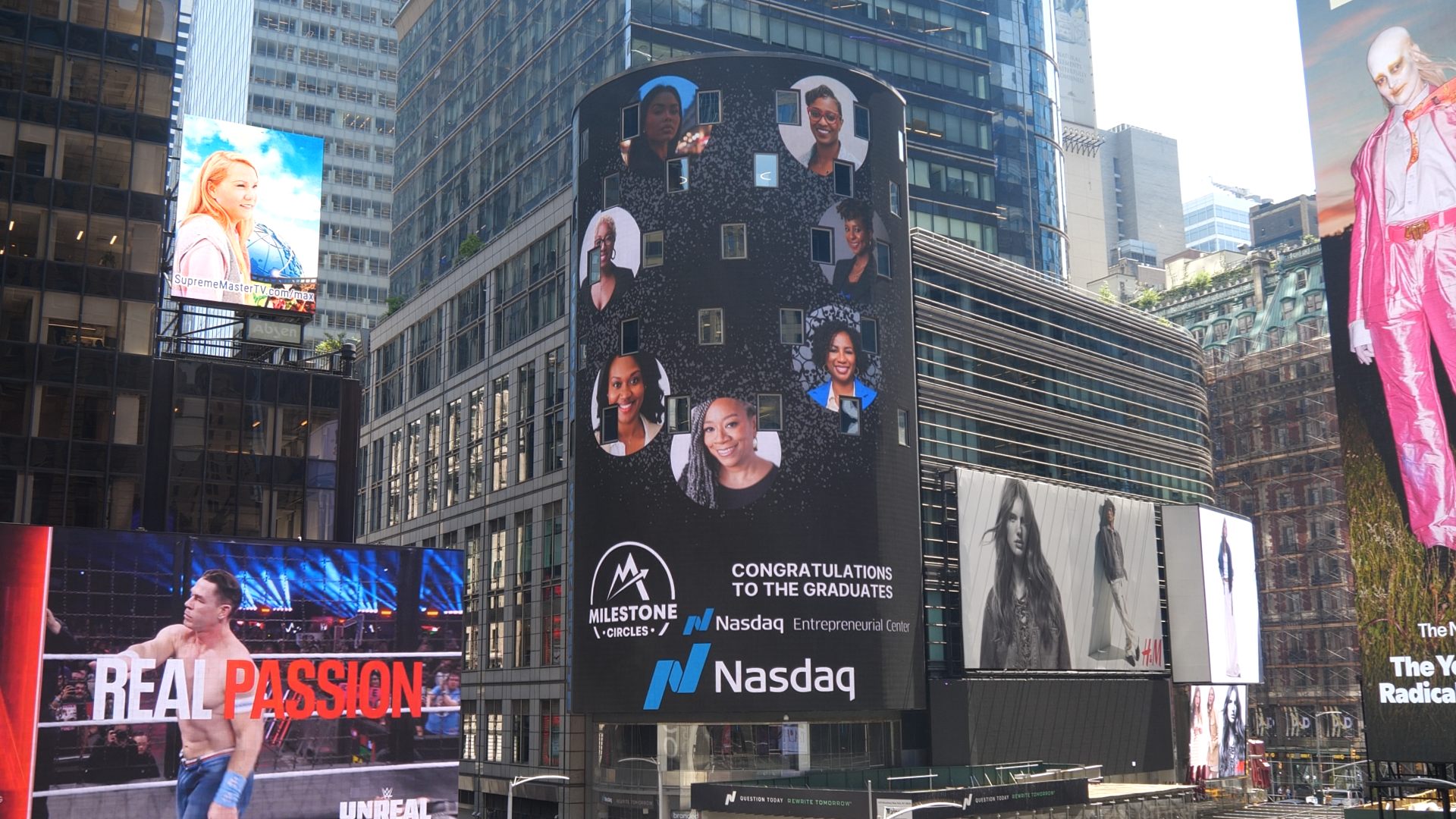 Nasdaq Milestone Circles graduates on the Nasdaq tower in Times Square