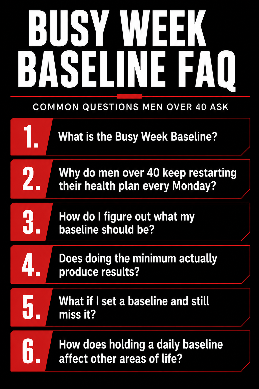 Busy Week Baseline FAQ with common questions men over 40 ask about staying consistent with their health plan