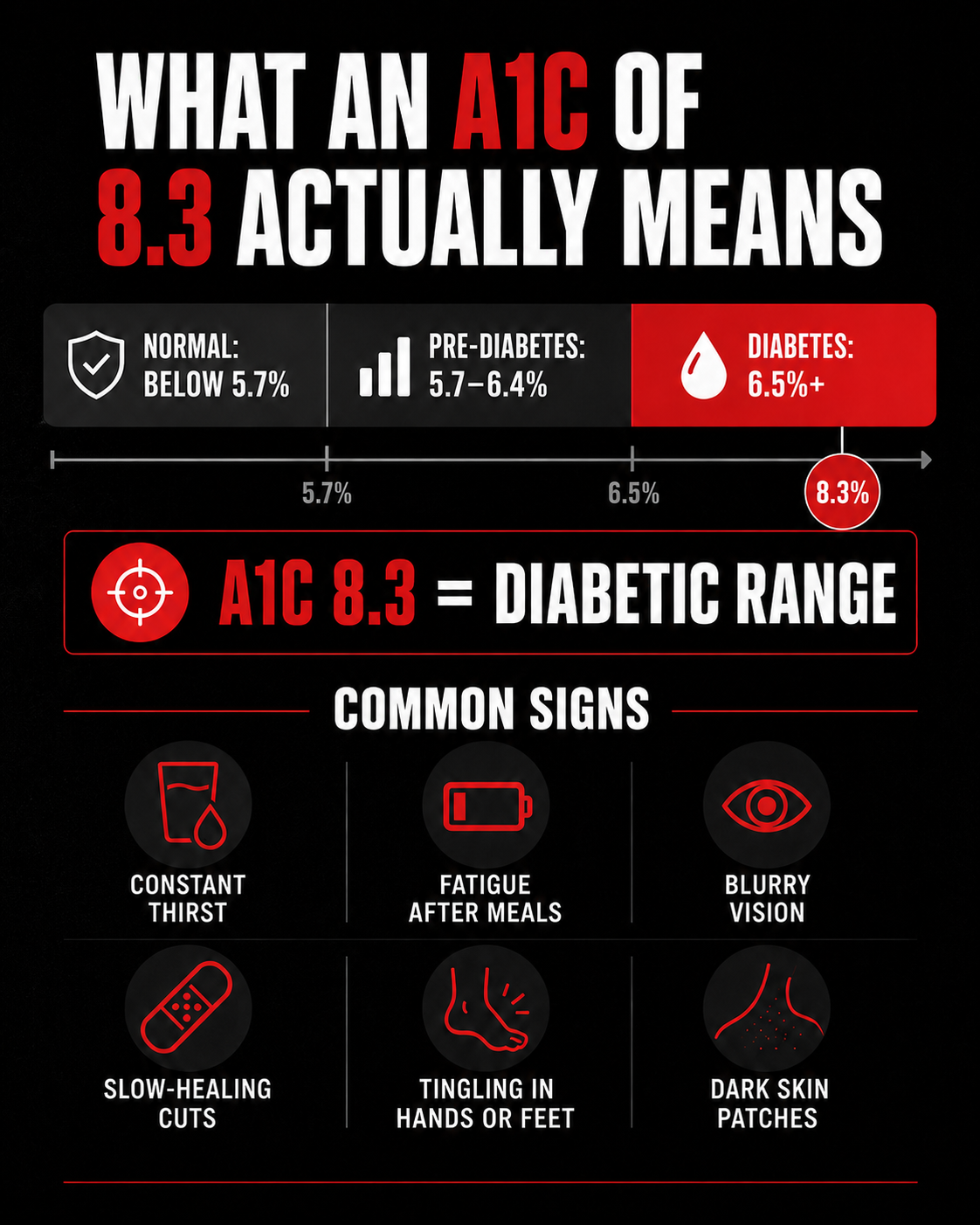 Infographic explaining what an A1C of 8.3 means, showing that 8.3 is in the diabetic range and listing common signs such as constant thirst, fatigue after meals, blurry vision, slow-healing cuts, tingling in the hands or feet, and dark skin patches