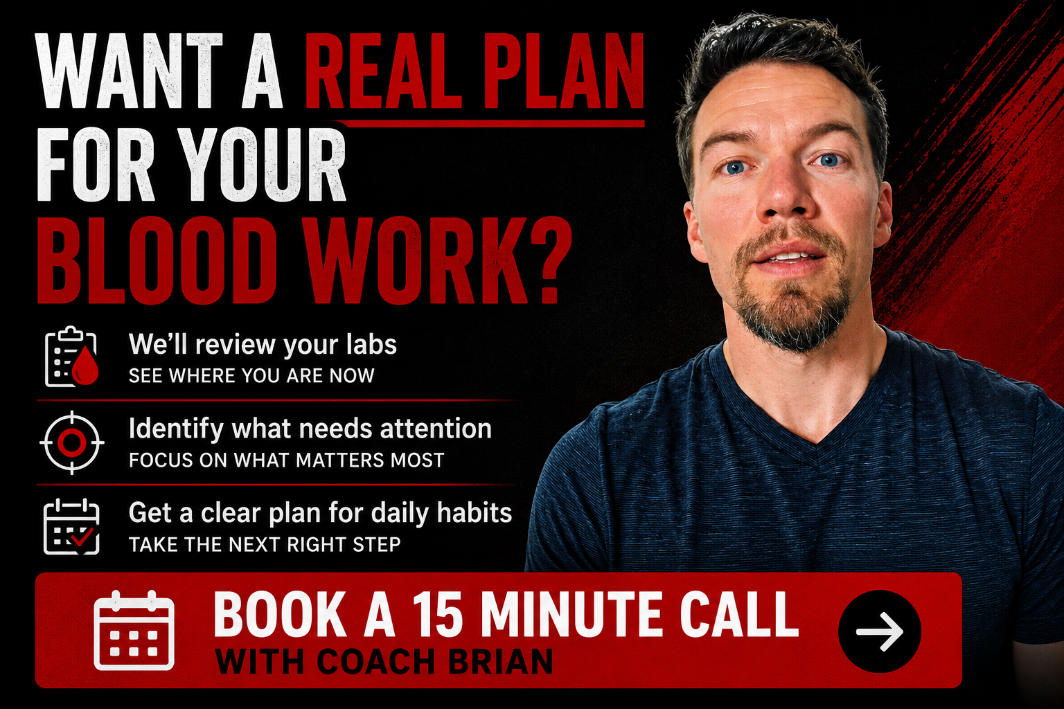 Coach Brian Parana CTA graphic inviting readers to book a 15 minute call to review blood work, identify what needs attention, and build a clear health plan