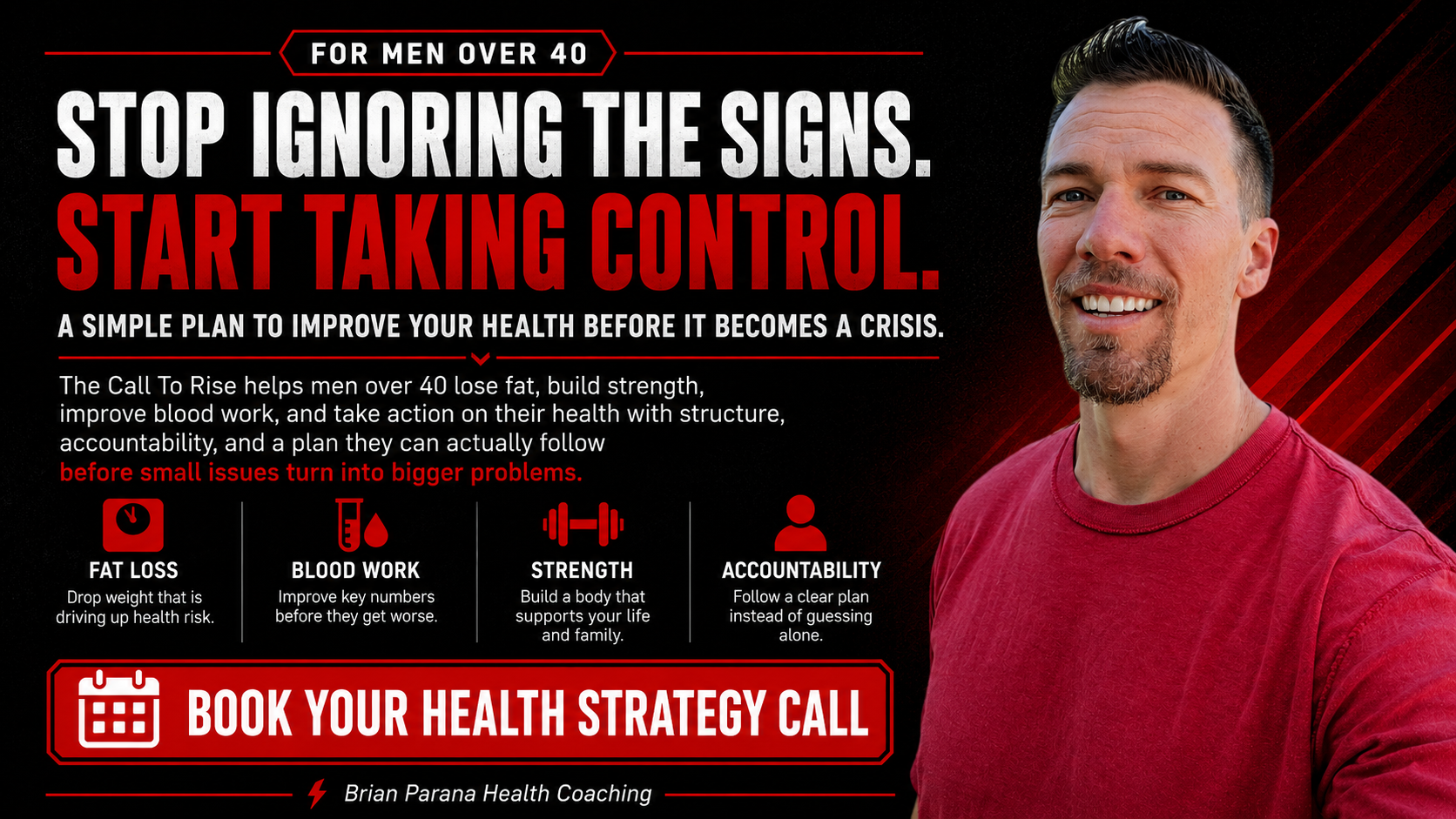 CTA image for men over 40 to book a health strategy call and take action on symptoms, fat loss, blood work, strength, and accountability before health issues become a crisis.
