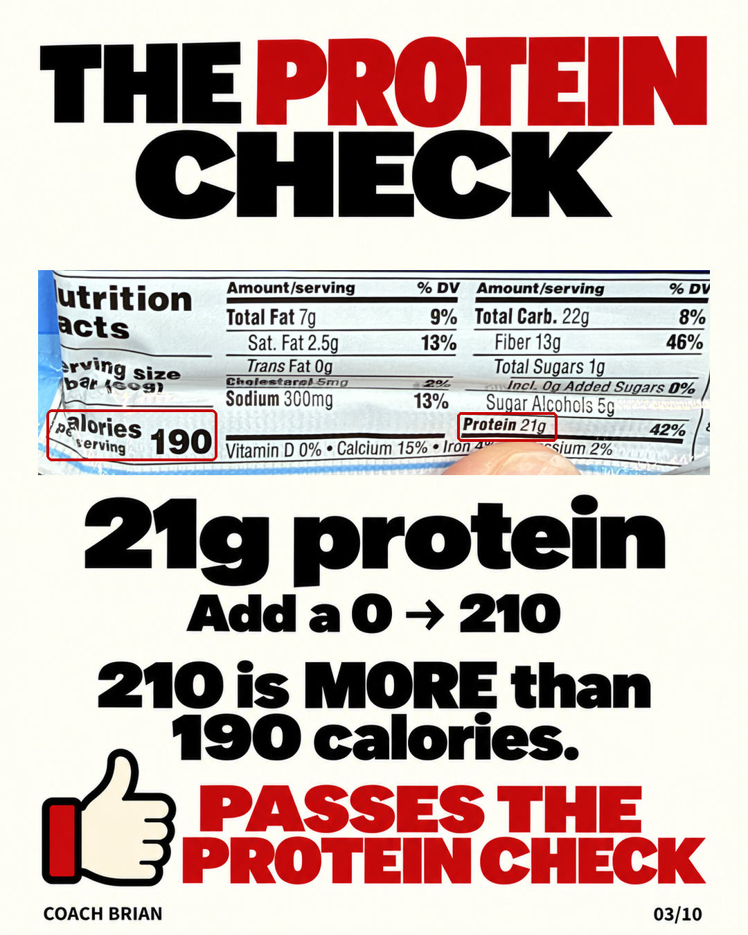 Quest Protein Bar Cookies and Cream nutrition label: 190 calories, 21 grams of protein, wins the Protein Check trade.