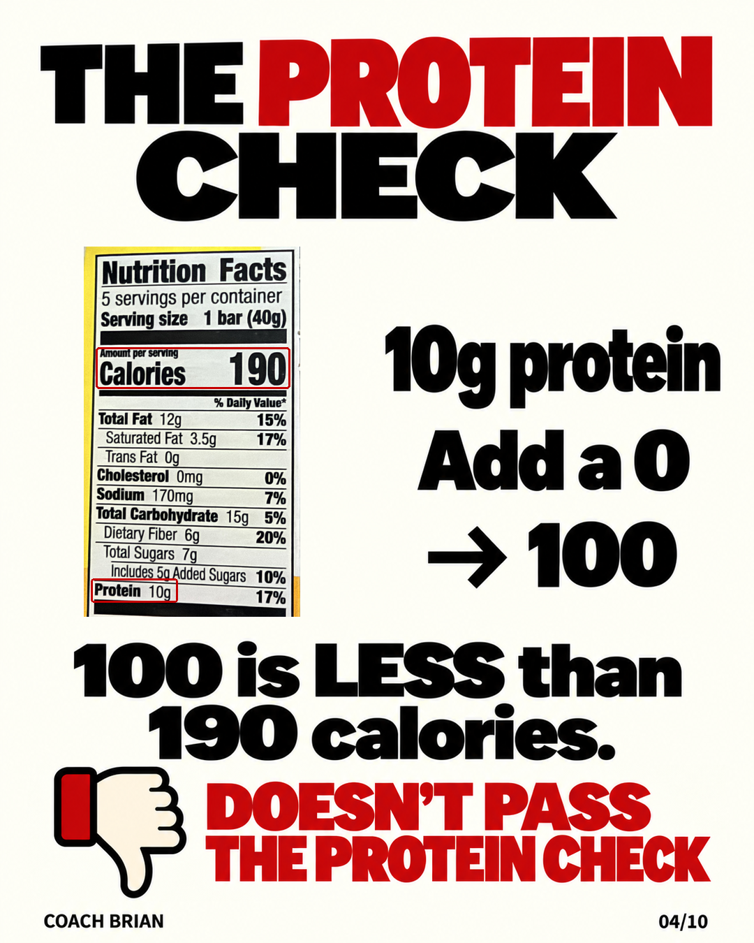Nature Valley Protein Bar Peanut Butter Dark Chocolate nutrition label: 190 calories, 10 grams of protein, loses the Protein Check trade.