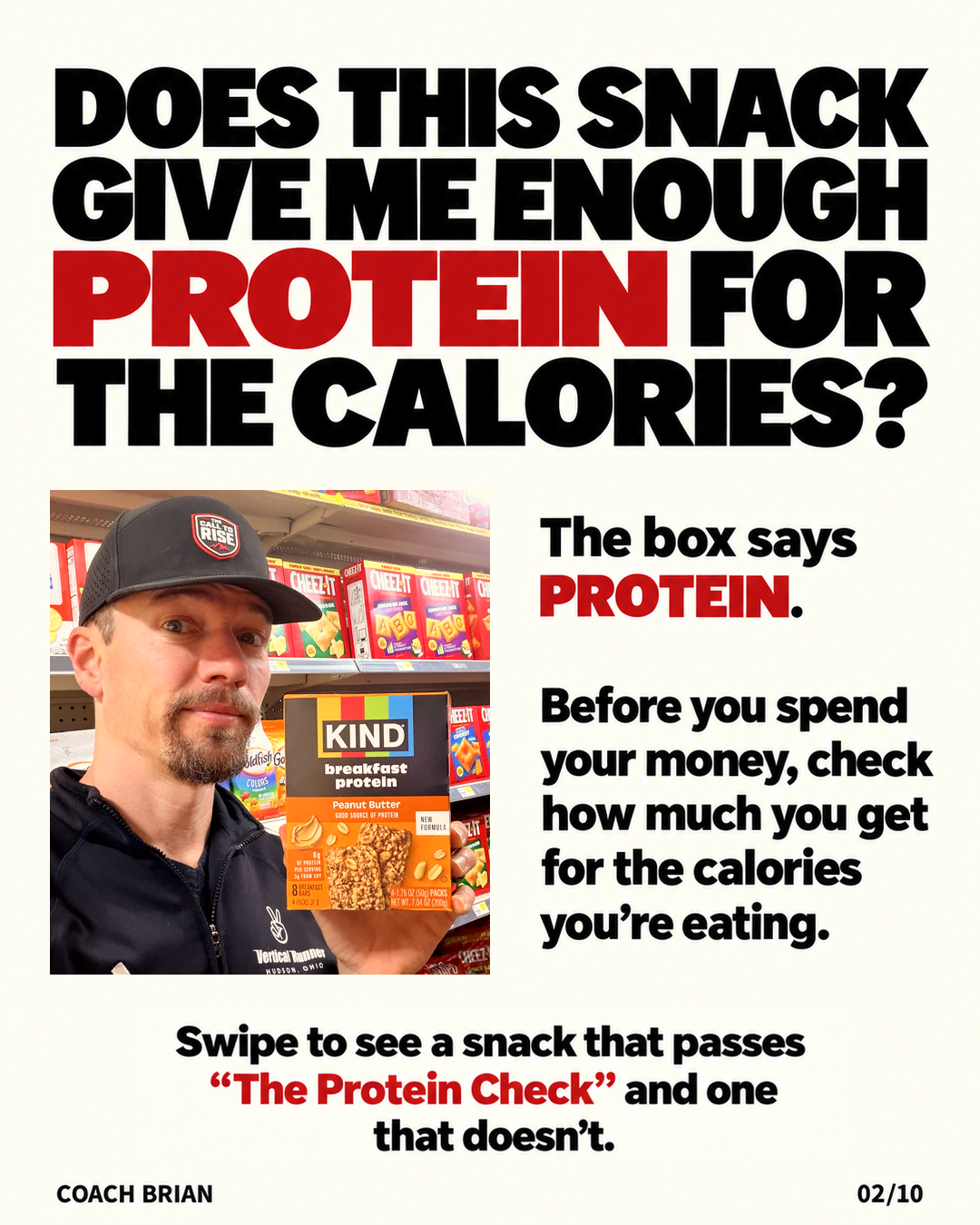 The Protein Check explained: find the protein grams, add a zero, and compare that number with the calories on the label.