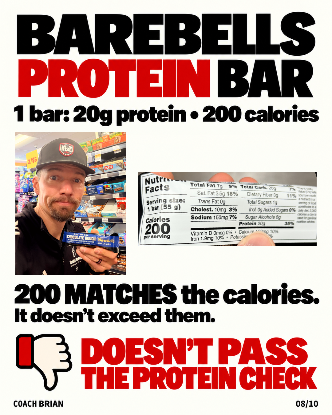Barebells Protein Bar Chocolate Dough nutrition label: 200 calories, 20 grams of protein, ties the Protein Check trade instead of winning it.