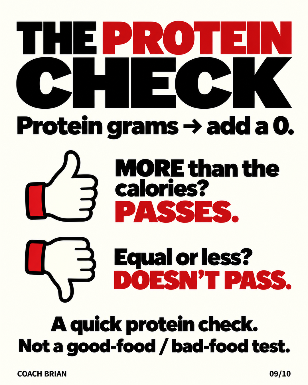 The Protein Check recap: protein grams times 10, more than the calories wins, equal or less does not.
