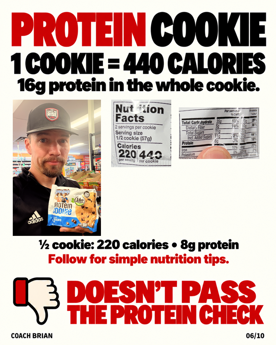 A protein cookie's serving-size trade: 220 calories and 8 grams of protein per labeled half, 440 calories and 16 grams of protein for the whole cookie.