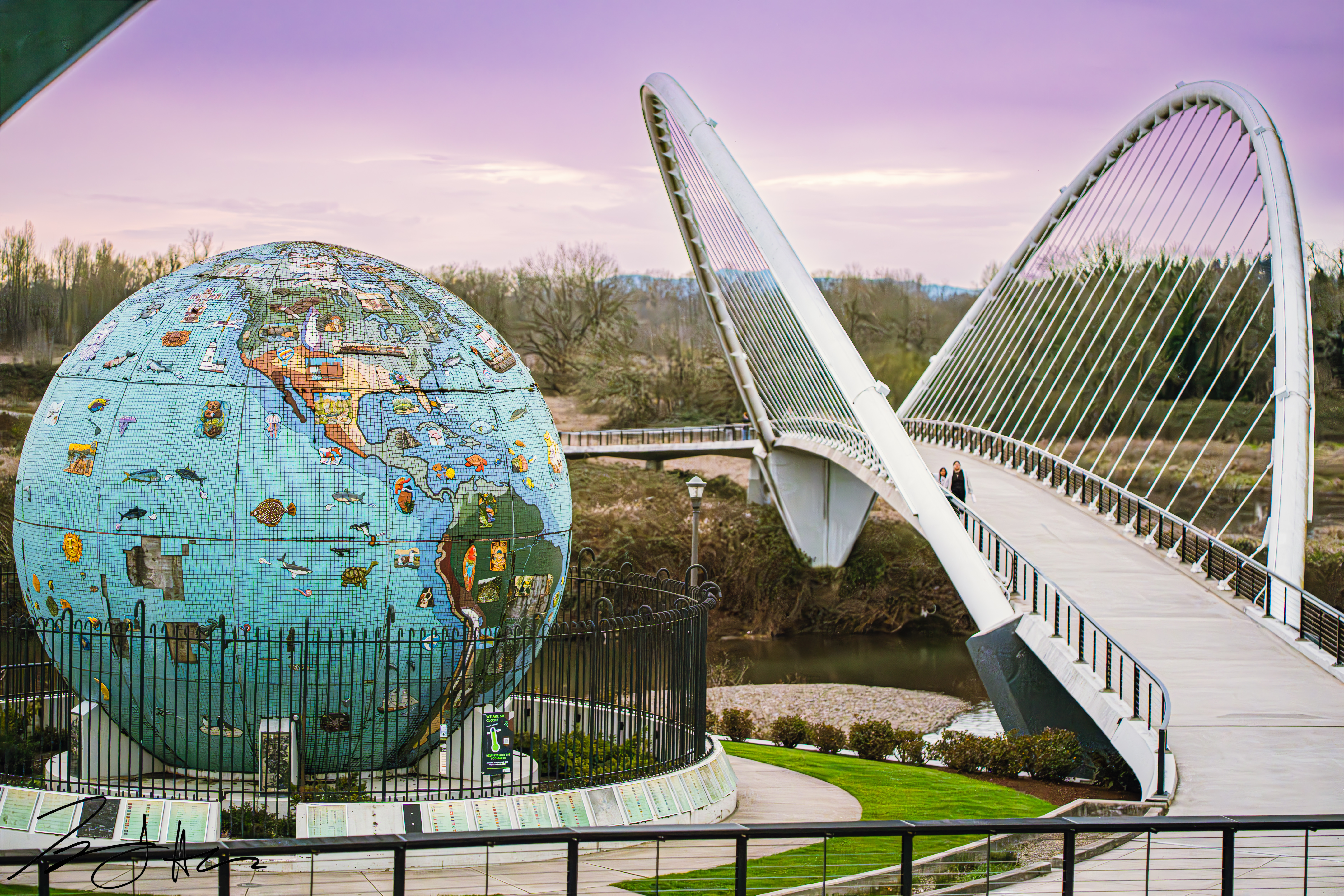 Professional landscape photography of Salem's Riverfront Park globe and pedestrian bridge by Tyler Hills.