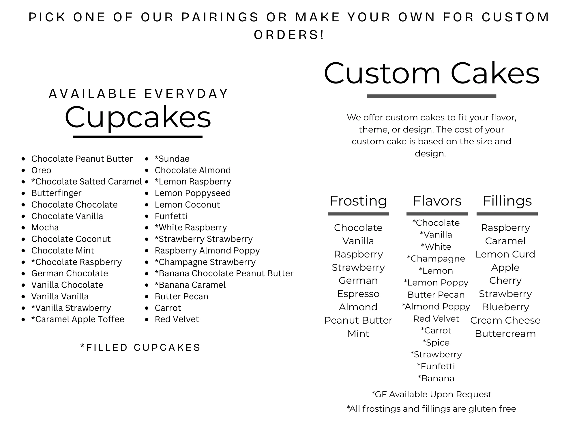 Sweetly Baked menu listing everyday cupcake flavors, custom cake sizes, frostings and flavors