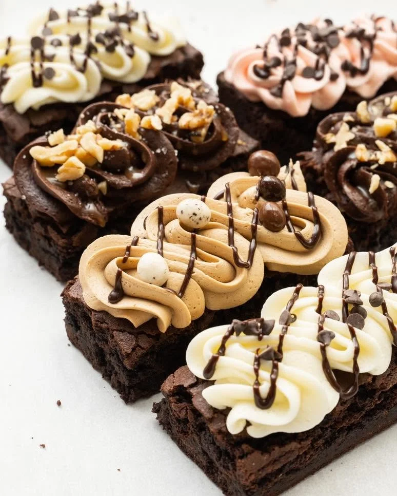 Brownie bites topped with swirls of frosting and chocolate drizzle