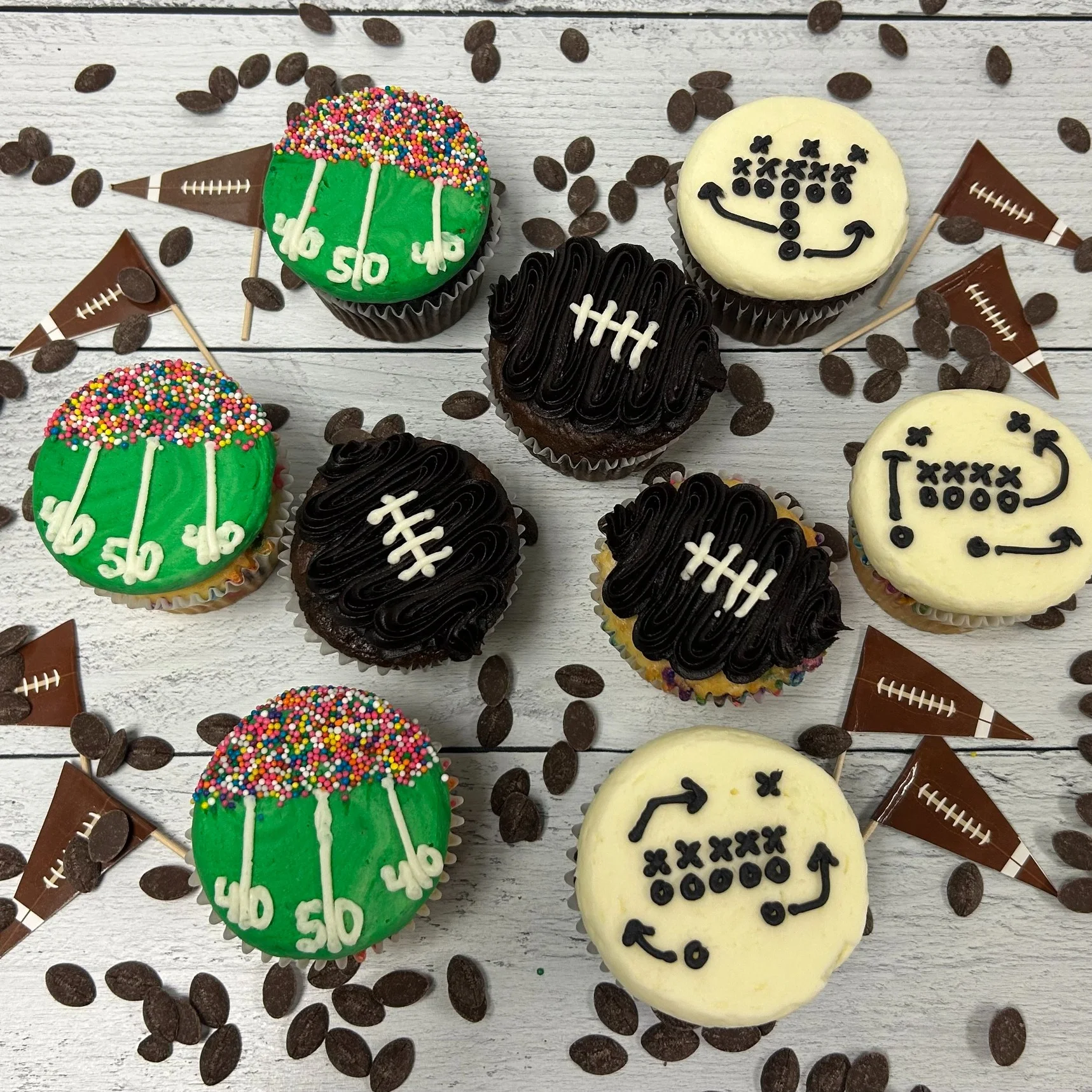 Football-themed cupcakes decorated for game day