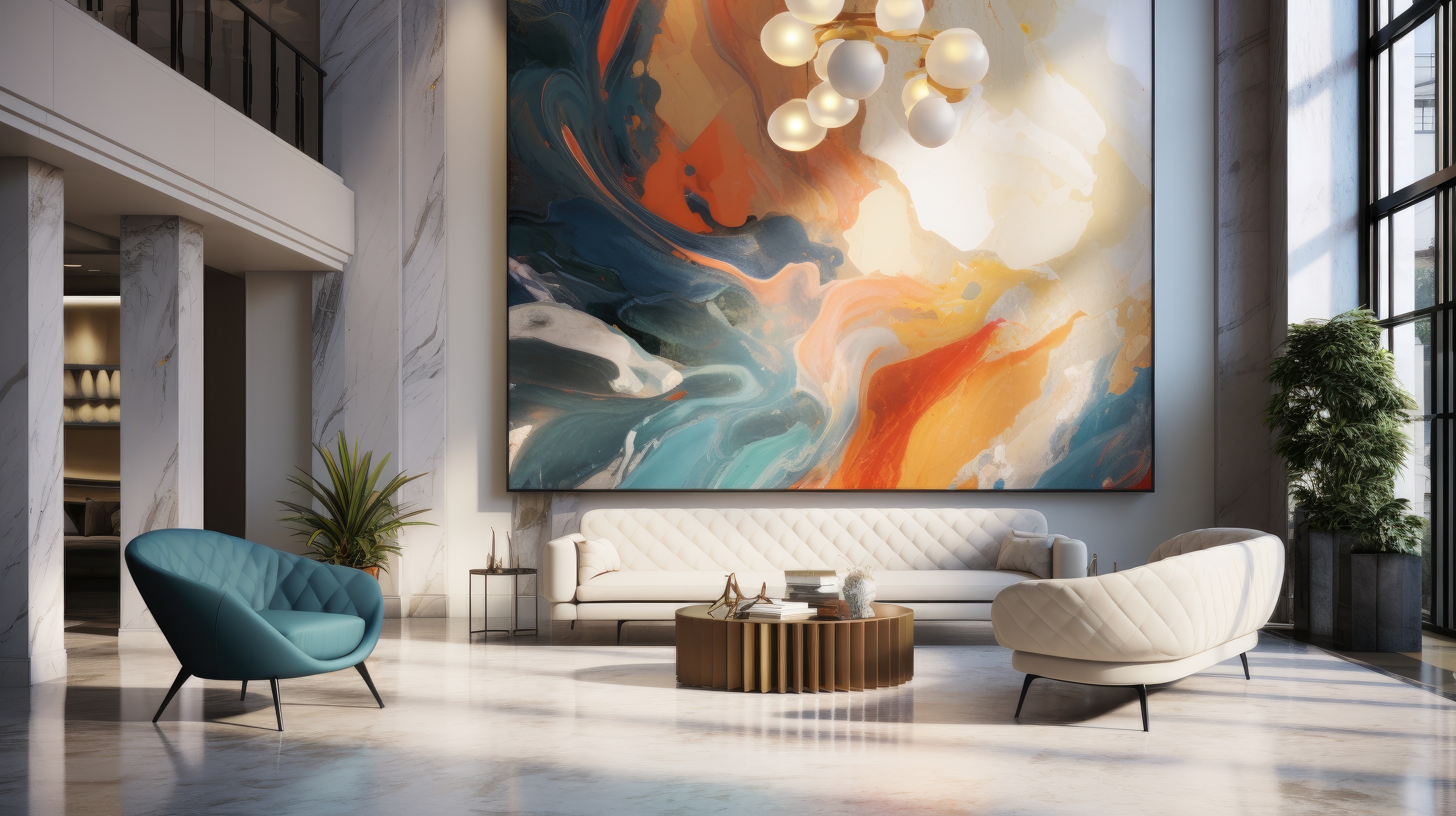 living area with decrotive mirror