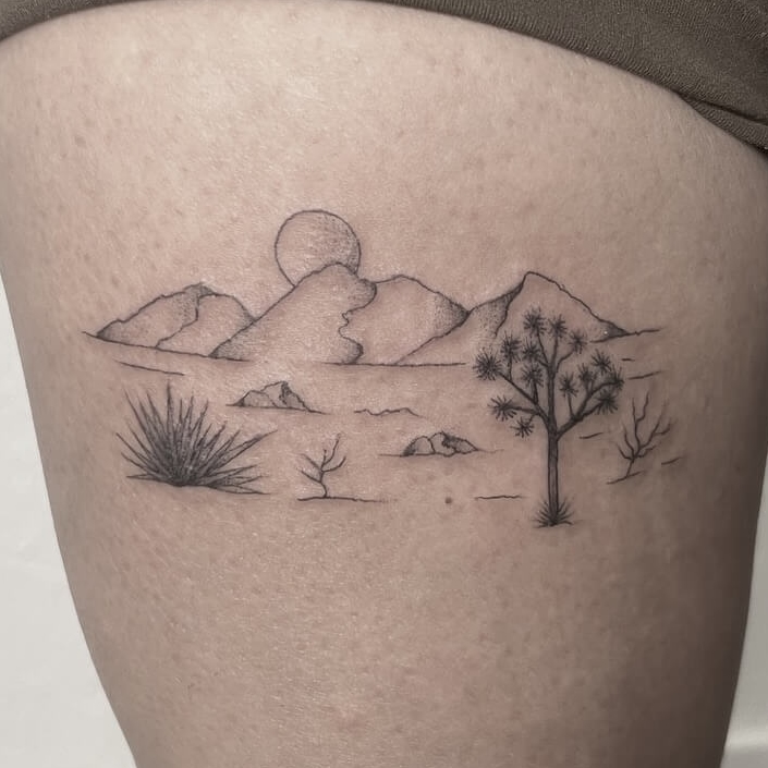 Cowboy hat and the desert tattoo fine line
