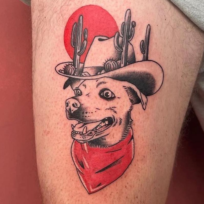 Cowboy girl dancing tattoo fine line