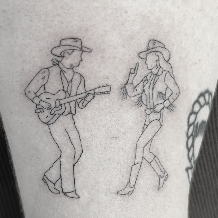 Cowboy girl dancing tattoo fine line