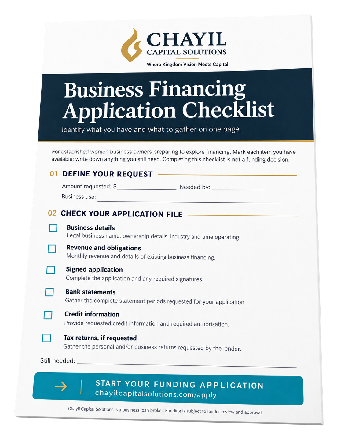 Preview of the one-page Business Financing Application Checklist from Chayil Capital Solutions