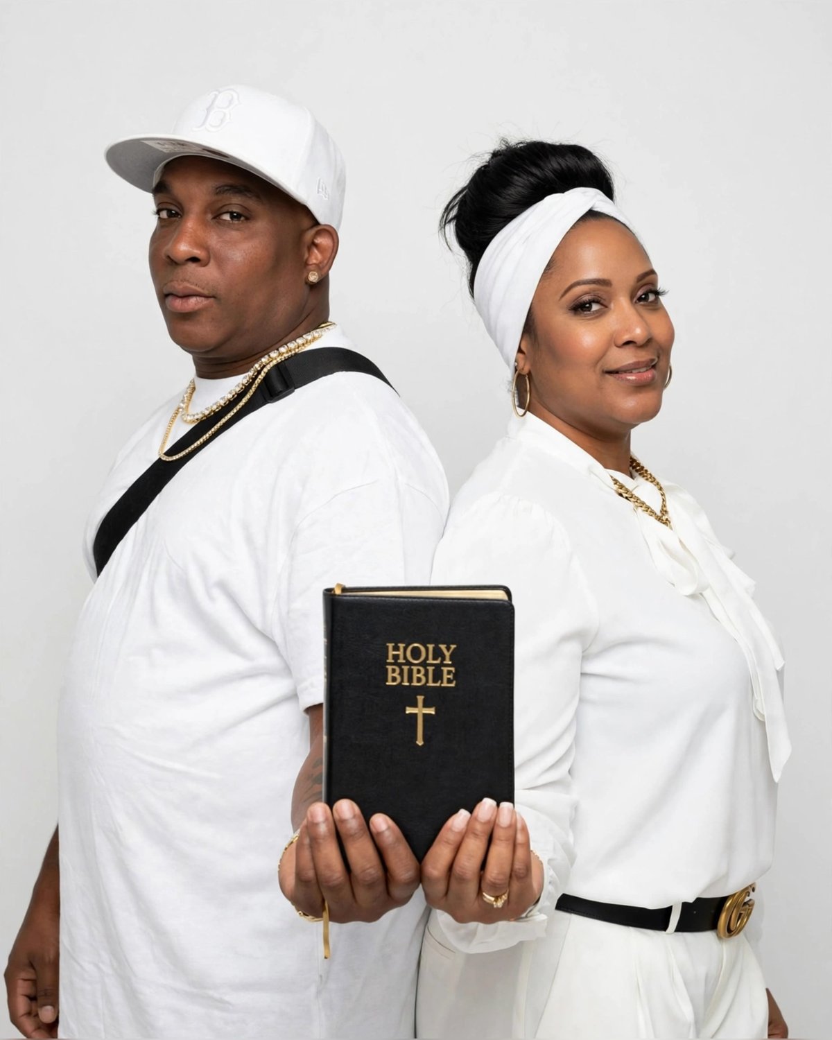Dr. Lynda A. Barnes and Anthony Barnes in white, holding a Bible together