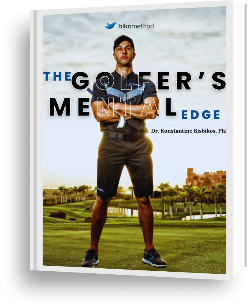 Book titled “The Golfer’s Mental Edge by Dr. Konstantine Bisbikos,” promoting a free mini-book on golf mental performance packages and emotional wellness coaching.