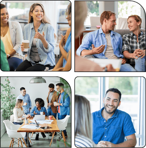 Collage of individuals and professionals engaging in emotional healing, coaching sessions, group workshops, and personal reflection, representing the transformational impact of the Biko® Method across diverse clients and settings.