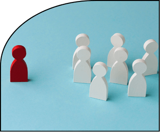 Highlighted red wooden figure among uniform white ones, representing the discovery of a root subconscious block causing emotional patterns and behavioral limitations.