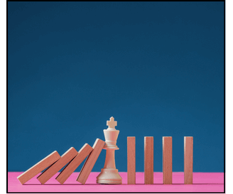 Chess king blocking falling dominoes, symbolizing the clinically tested clearing of subconscious patterns before they trigger further emotional or behavioral fallout.