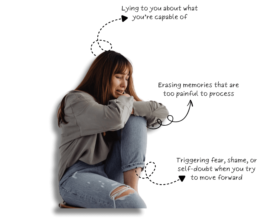 Crying woman with speech bubbles reflecting subconscious patterns—illustrating how hidden Emotional Footprints trigger fear, shame, and self-doubt, and block emotional healing and personal growth through the Biko Method.