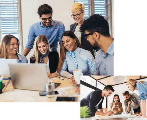 A group of happy office colleagues collaborating around a laptop and documents, discussing ideas and showcasing workplace emotional resilience and teamwork.