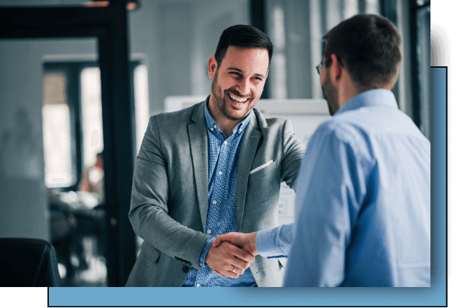 A smiling man shakes hands with his Certified Emotional Footprint® Coach, representing a supportive connection during a Biko Method one-on-one session. This deep emotional healing service helps individuals overcome emotional challenges through trauma resolution techniques and emotional clarity coaching.