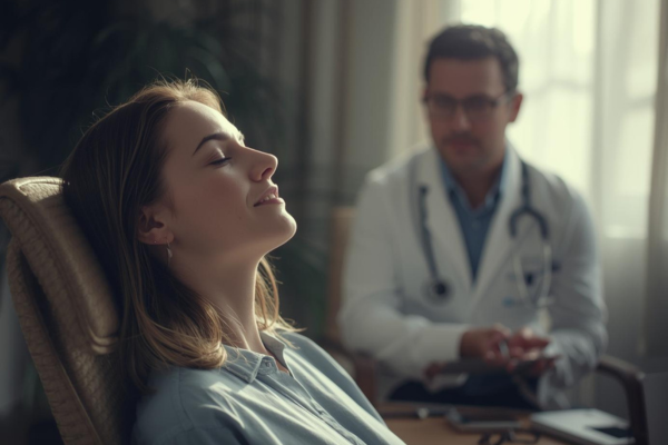 Calm, professional hypnotherapy session setting Client relaxed, practitioner attentive Calm, professional hypnotherapy session setting Client relaxed, practitioner attentive