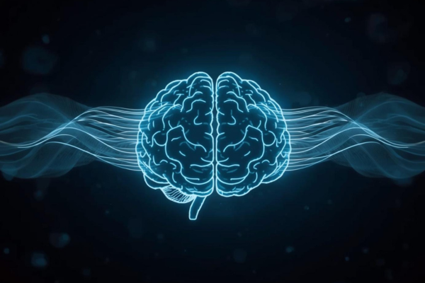 Stylized brain illustration or overlay Gentle waves or light lines flowing evenly across both hemispheres Balanced, symmetrical composition Stylized brain illustration or overlay Gentle waves or light lines flowing evenly across both hemispheres Balanced, symmetrical composition