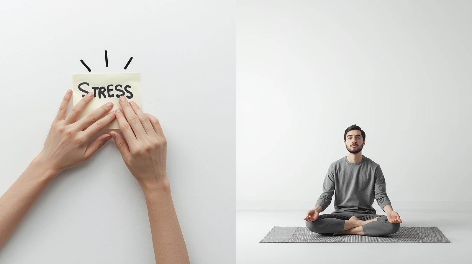 Split visual:  Left: person applying a quick fix (covering stress symbol, sticky note over problem)  Right: calm, grounded posture with clear environment  Subtle contrast, not dramatic