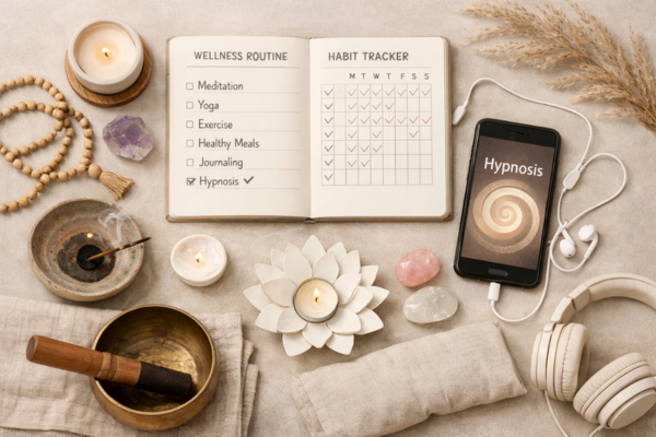 Flat-lay composition including:  Planner or habit tracker  Meditation or mindfulness items  Headphones or mobile device