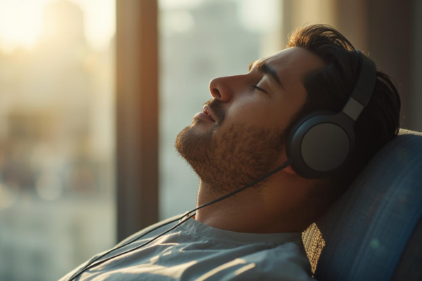 Person calmly practicing guided hypnosis or relaxation  Bright, peaceful environment (morning light preferred)  Relaxed posture, eyes closed, headphones 